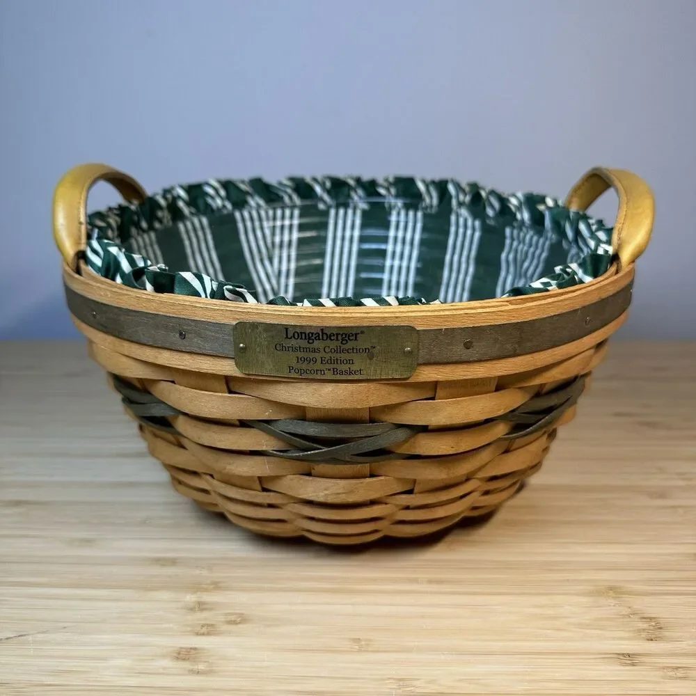 Longaberger 1999 Christmas Collection Popcorn Basket Green Liner & Tray Vintage